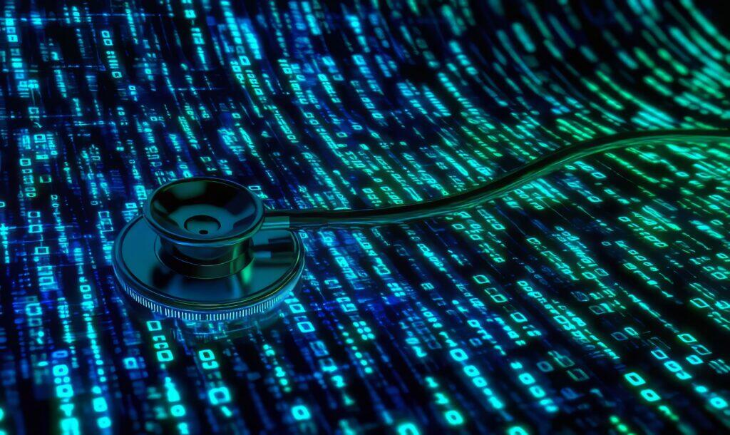 stethoscope digital background with binary code healthcare technology health informatics 1